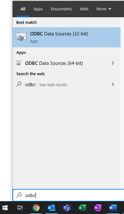 Setting Up ODBC Connector for Windows in 7 Easy Steps! 4 Configure ODBC connector - Search your windows programs for ODBC, and open the program. - you’ll see a 32- or 64-bit option