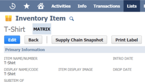 First we are shown the Item record that will serve as our PARENT MATRIX ITEM. Let's give it an ITEM NAME and TAX SCHEDULE, then we will click the ATTRIBUTES subtab to specify all possible variations that we will sell the t-shirt in. S, M and L in Red, Yellow and Blue in this case.