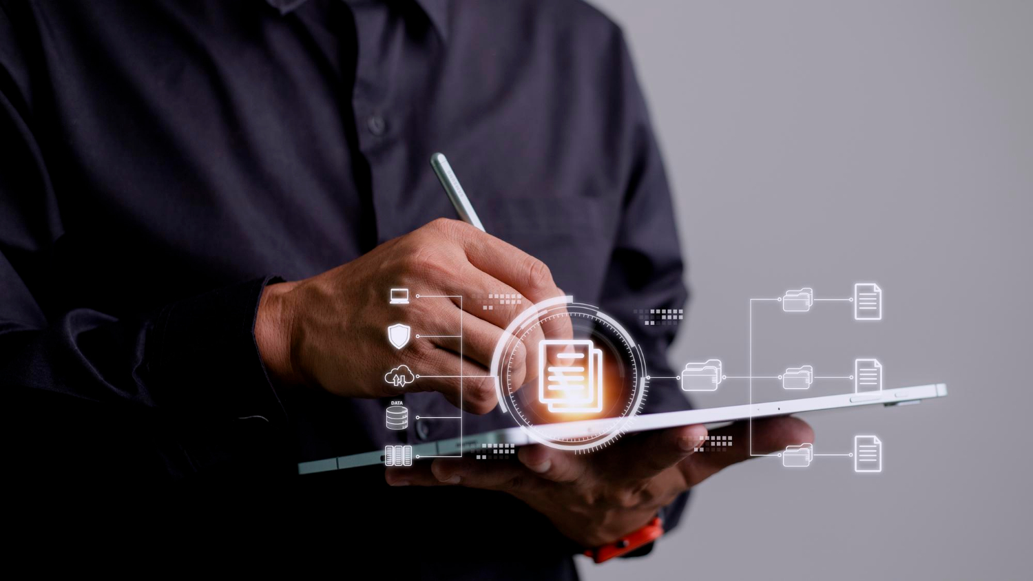 Homepage 17 businessman using tablet document management concept online documentation database digital file storage system software records keeping database technology file access doc sharing